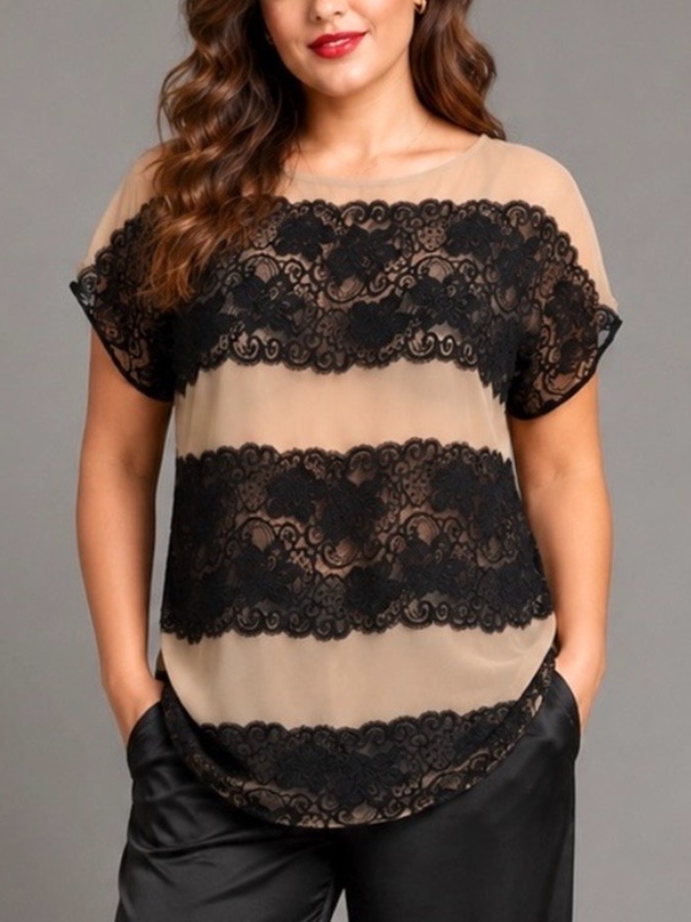 GIBSON 100% Silk Sheer Lace Mix Lingerie Top Womens Size Large Black Beige Y2K